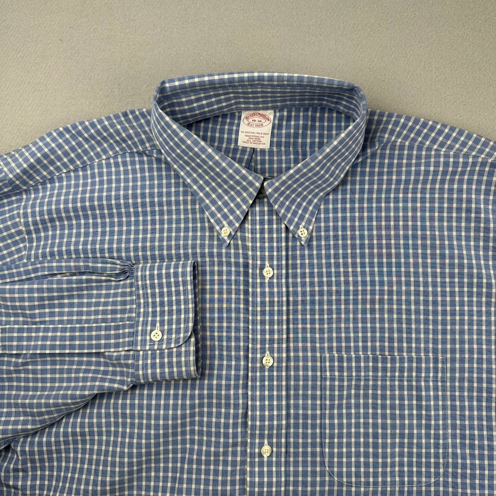 Brooks Brothers Shirt Mens 18-36 Blue Gingham Traditional Fit Non-Iron Cotton